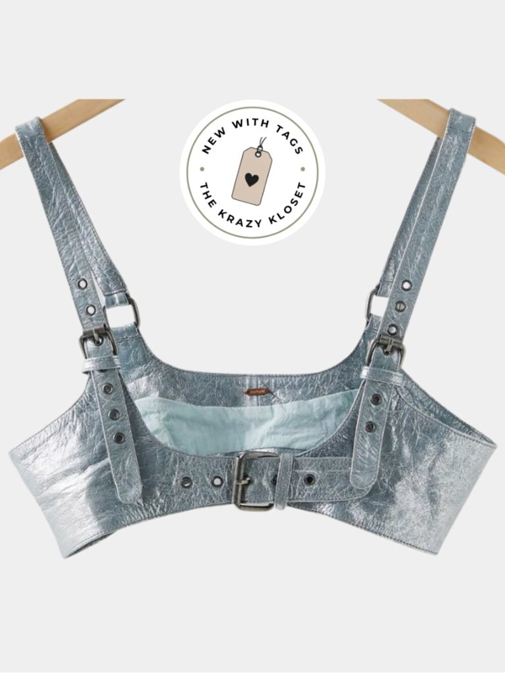 Free People Leather Harness NWT L | Stardust Blue Metallic Adjustable Buckle - Picture 2 of 8